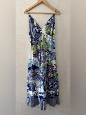 FARM RIO Large Tropical Scenic Midi Ruffle Hem Dress Linen Blend Resort
